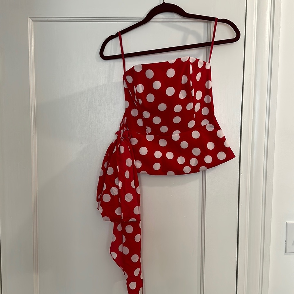 Summery red polka dot strapless top with tie